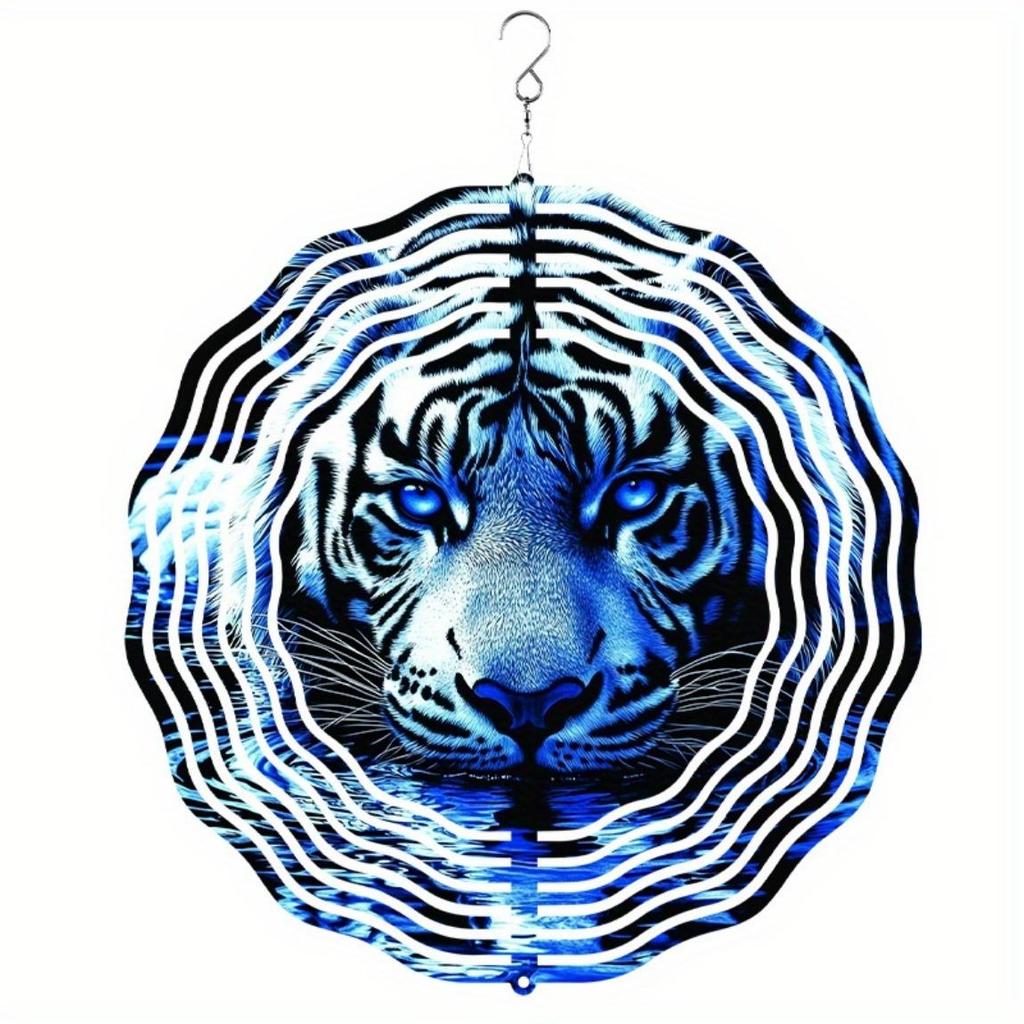 Metal Wind Spinner 2D Blue Tiger Design Hanging Decor for Garden Yard Balcony Outdoor Decoration No Battery Needed