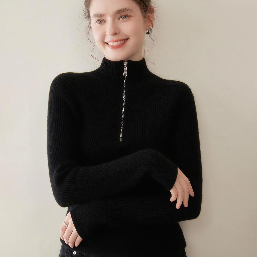 Zipper Lapel Cashmere Knit Loose Long Sleeve Pullover Sweater for Autumn/Winter