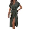 Women's V Neck Wrap Dress Twisted Slit Pleated Waist Tie Short Sleeve Summer Midi Dresses