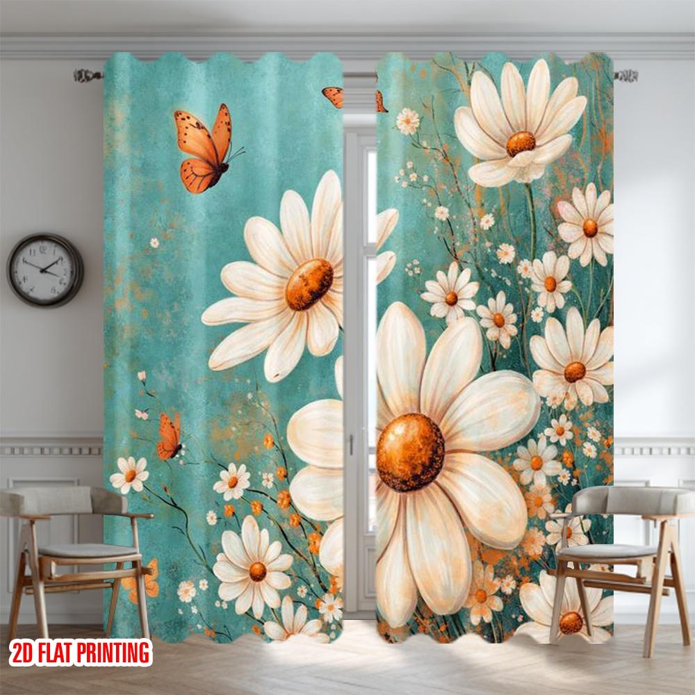 2D Flachdruck 2 Stück Vorhang Party Fenster Vorhänge Frühlings Gänseblümchen und Schmetterlinge Digital Bedruckt Polyester Vorhänge Geburtstag