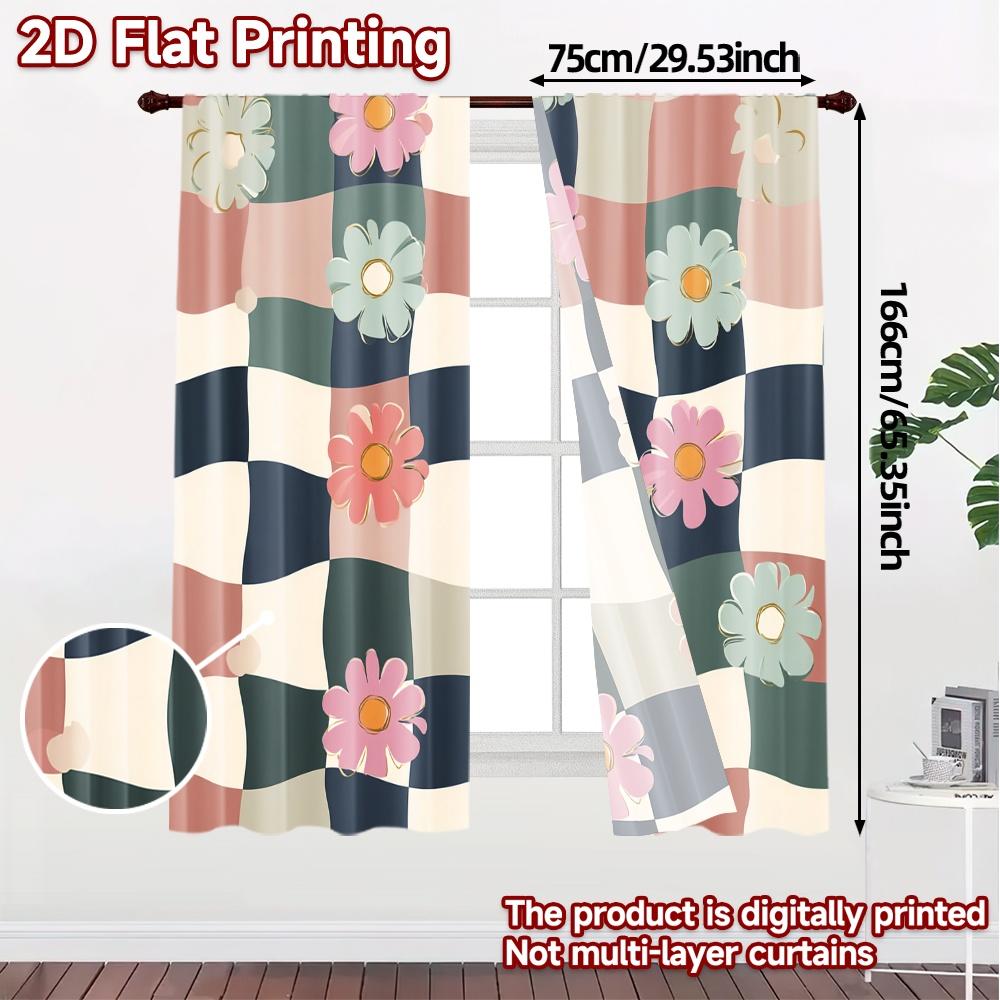 2D Flat Printing  JIT 2pcs   Curtains (Without Rod) Checkered Blooms Popular Popular Curtain Machine Washable Fabric Curtains