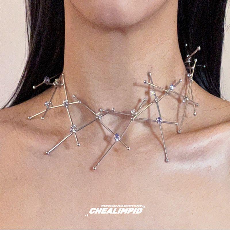 Choker Metal Rhinestone Asymmetrical Necklace Geometry 39Cm+5.5Cm Extension Chain