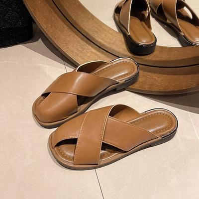 Hollow Flat Bottom Soft Bottom Bag Head Half Slippers Women's Summer 2025 Korean Version Round Head Lazy Slippers Women Wear Sandals Women