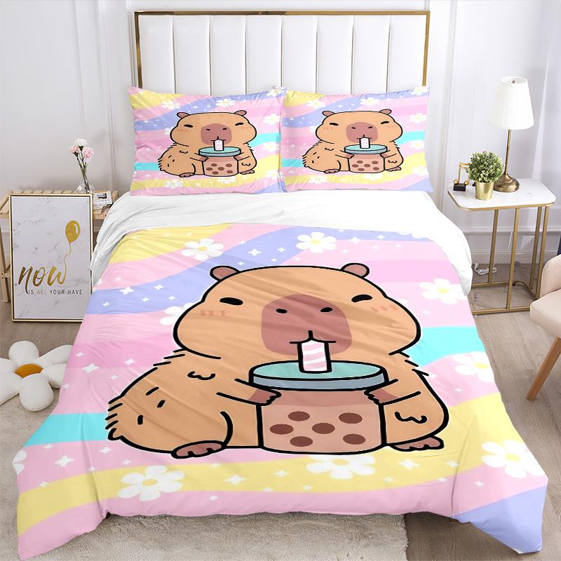 3PCs Bubble Tea, Cute Capybara Design Cover Set, Breathable Fabric, Machine Washable (1 Duvet Cover + 2 Pillowcases) (Without Quilt) yy250911144