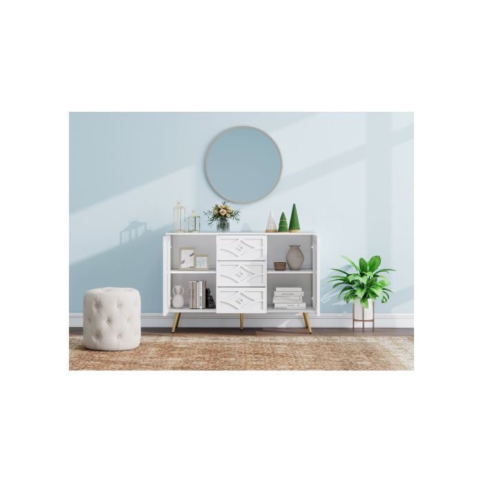 Buffet - MUVOE - Élégant À Motif Diamant - 3 Tiroirs - 2 Portes - Pieds Dorés