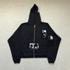 Front Pocket Distressed Hole Zipper Hooded Hoodies Mens Cardigan Streetwear Loose Baggy Sweatshirt Coat
