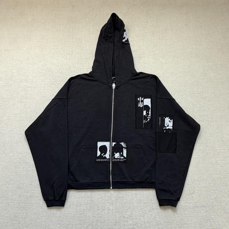 Front Pocket Distressed Hole Zipper Hooded Hoodies Mens Cardigan Streetwear Loose Baggy Sweatshirt Coat