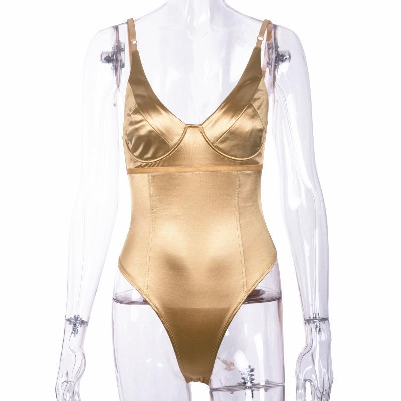 Bodysuit V-neck Stretchy Women Body Spaghetti Strap Playsuits Backless Summer Female Gold Green Pink Jumpsuit