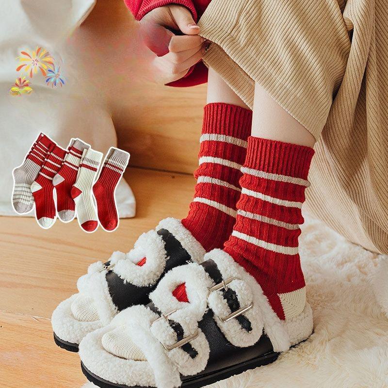 Female Autumn and Winter New Year New Year Festive Red Tube Pile Socks