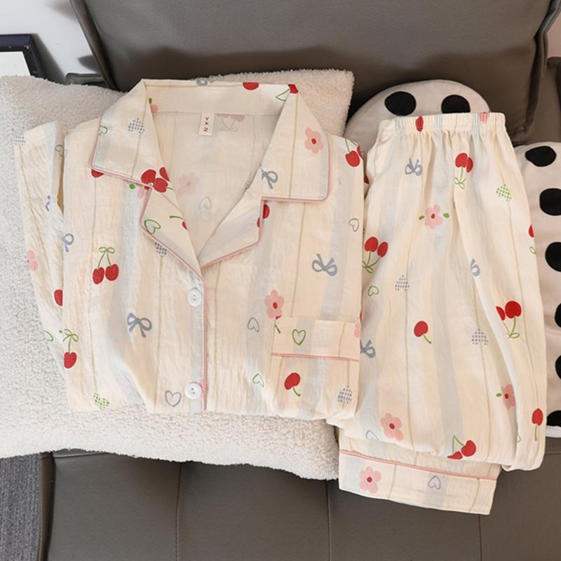 Cute Cherry Flower Bow Tie Print 2 Pieces Women's Pajamas Set Button V-neck Design Women's Sleepwear Cartoon Homewear