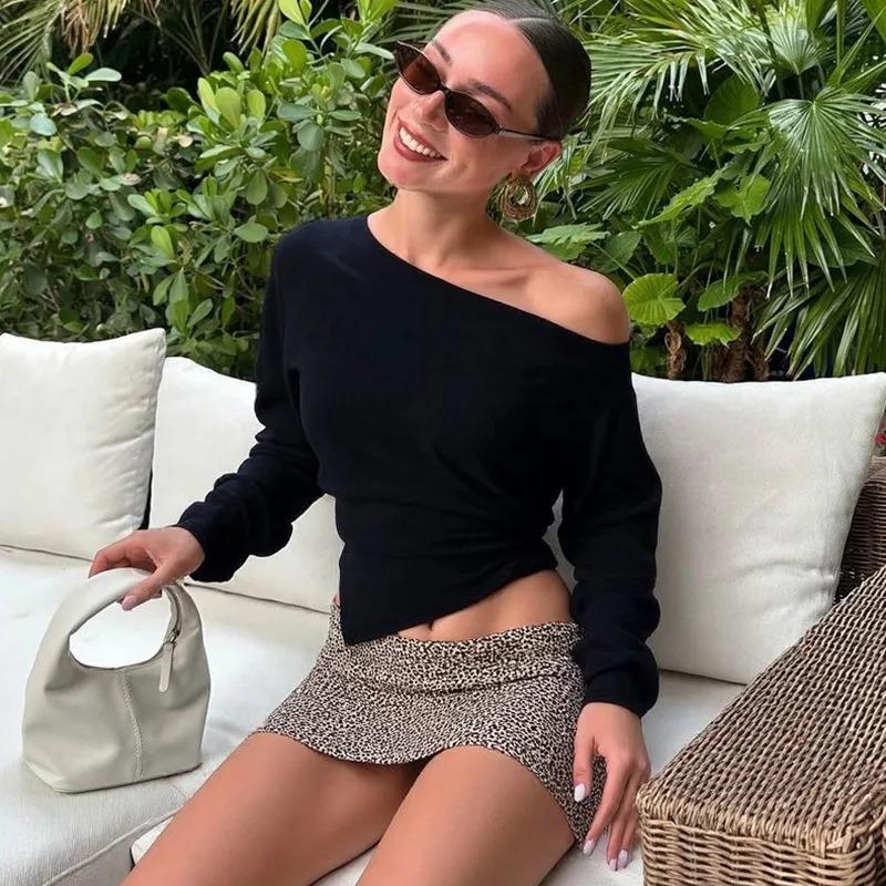 Women Casual Top Fashion Slim Slit Long Sleeve Pullover Top Sexy Strapless Pleated New Party Looks Top Female Streetwear S чёрный
