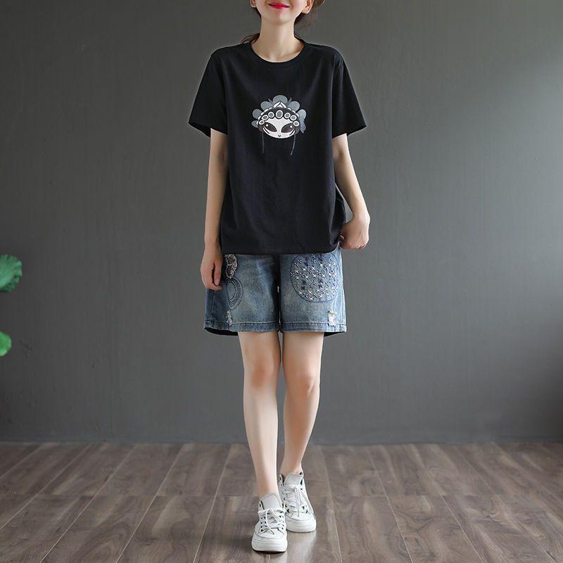 Summer Jeans Elastic Shorts Waistband Loose Casual Straight Leg Short Pants Embroidered Jeans for Women