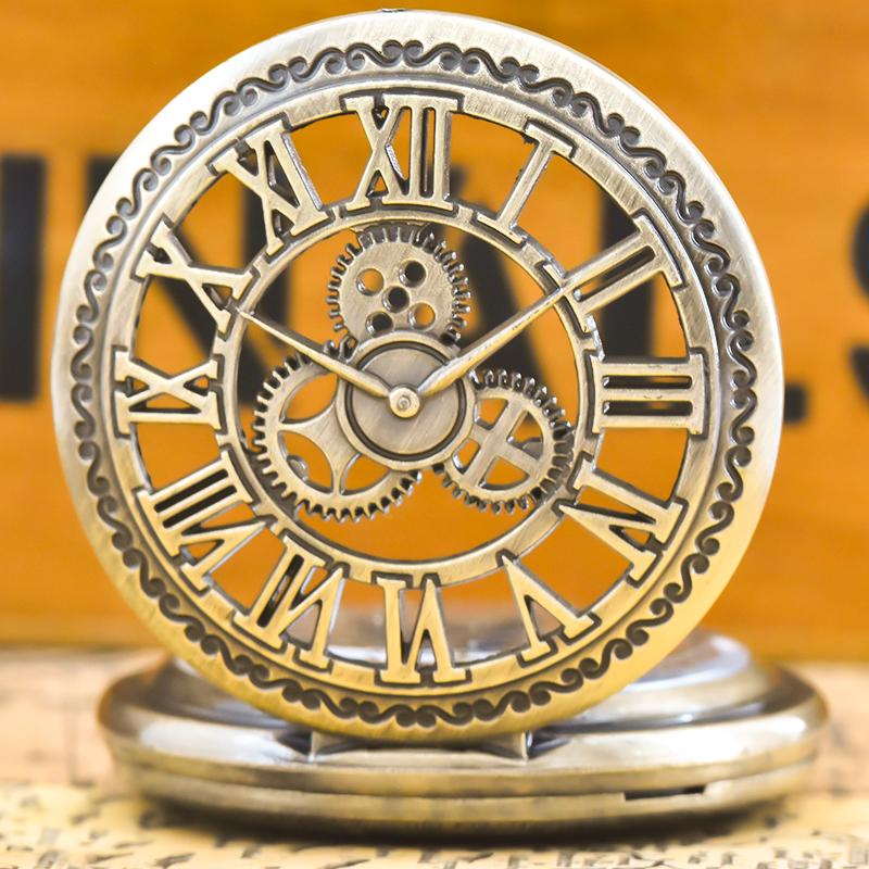 Vintage Bronze Steampunk Cutout Quartz Pocket Watch Necklace Chain Pendant Clock MenWomen Gift