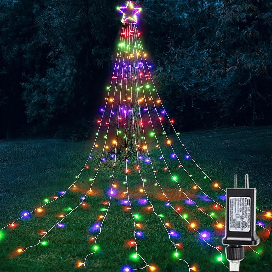 

9X3.5M 350 светодиодных солнечных рождественских гирлянд со звездами-водопадами, уличная рождественская елочная верхушка, звездная гирлянда на солнечных батареях