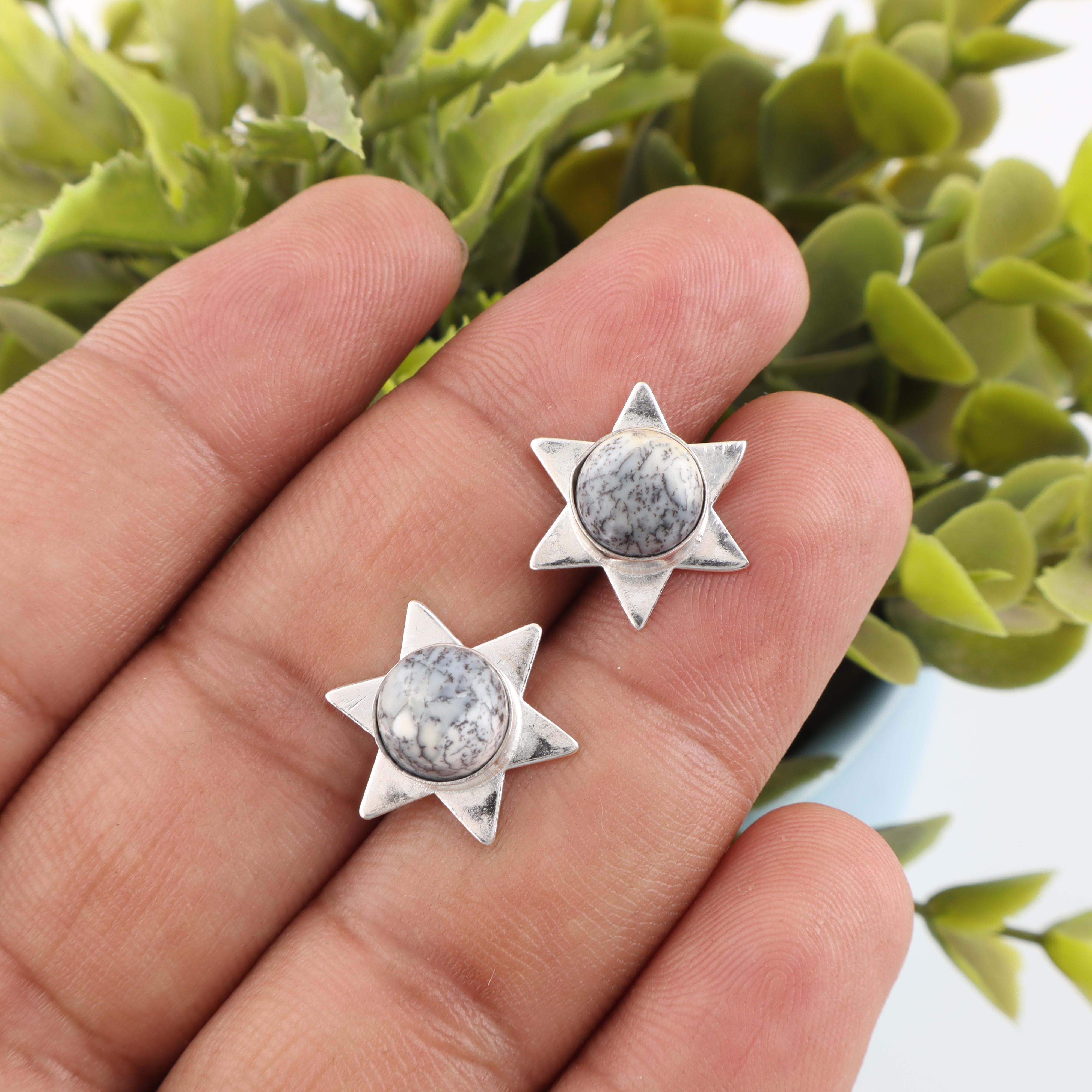 

Dendritic Opal Gemstone Jewelry, 925 Solid Sterling Silver Earrings, Handmade Silver Everyday Earrings For Engagement Gift 0.44 Inches синій