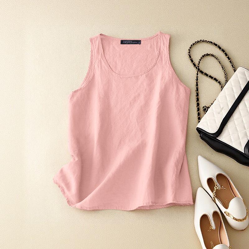 ZANZEA Women Casual Round Neck Solid Color Sleeveless Cotton Vest Tank Tops