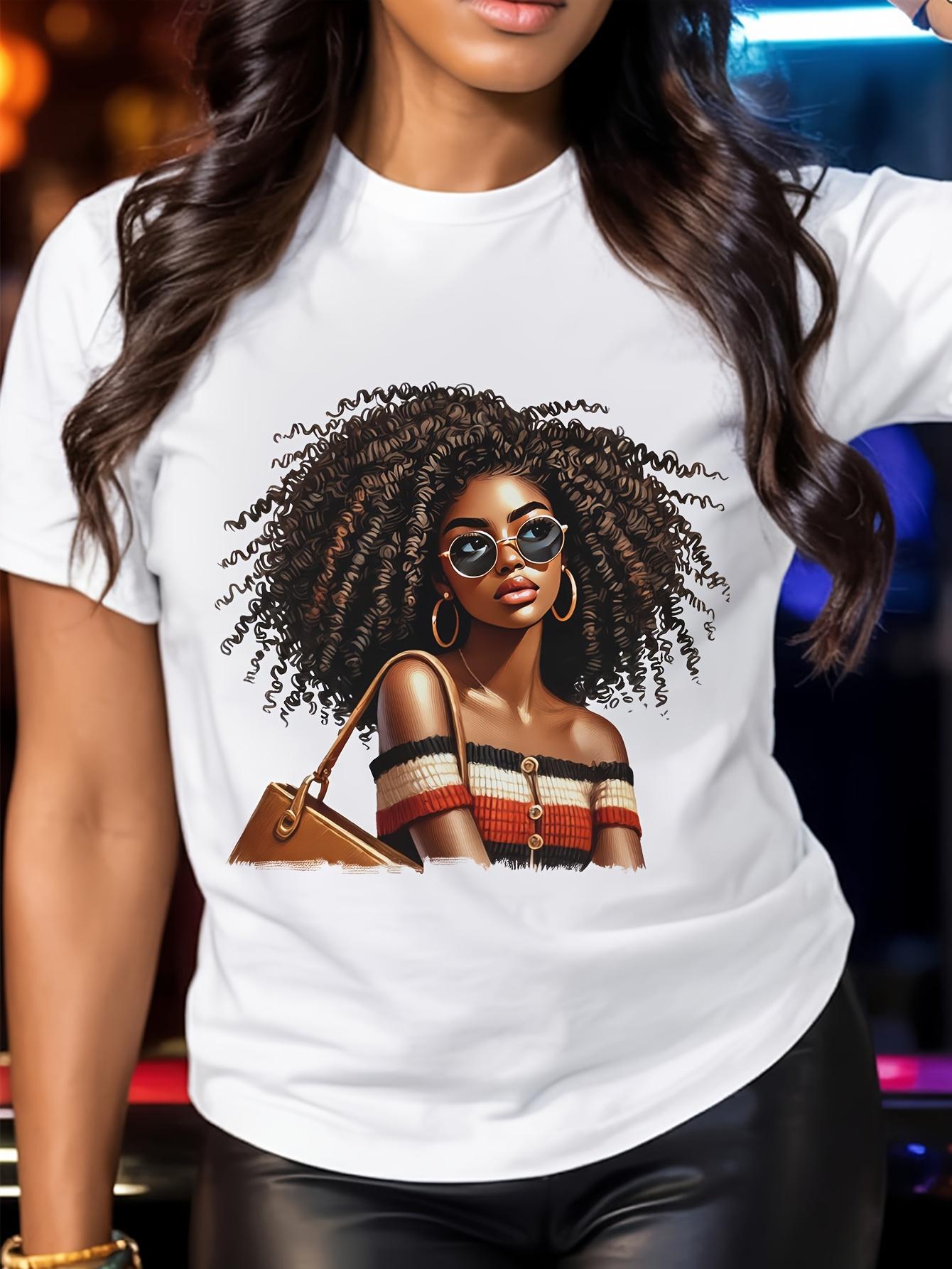 

European size Women S White Pure T-Shirt with Elegant Woman Graphic (Curly Hair, Fashion Glasses & Purse) 4XL білий