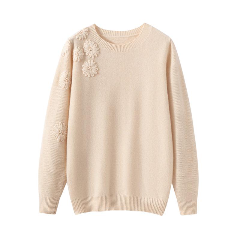 Women's Floral Embroidered Cashmere Sweater – Round Neck, Long Sleeve, Autumn/Winter 2025 Style