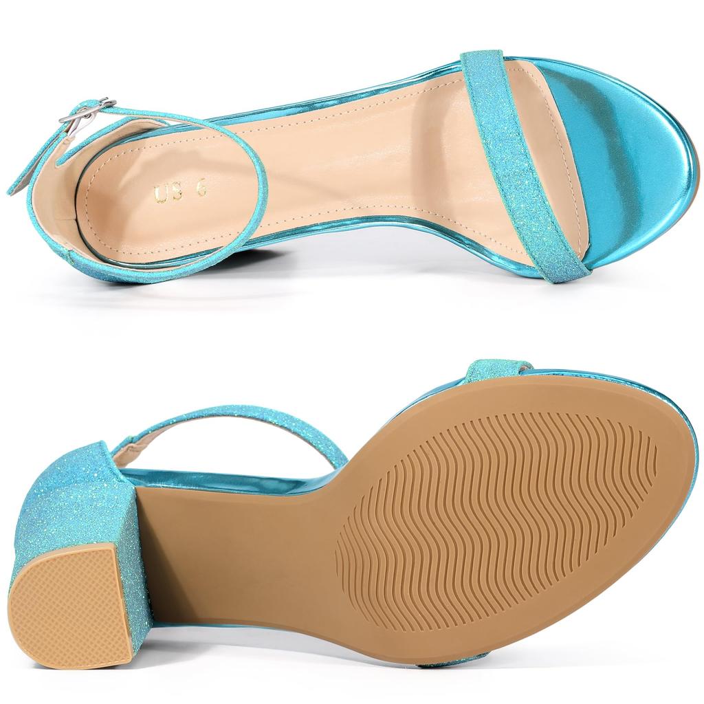Allegra K Women's Ankle Strap Sandals with Shiny Chunky Heels, Summer Shoes, Blue, Size 25.0cm