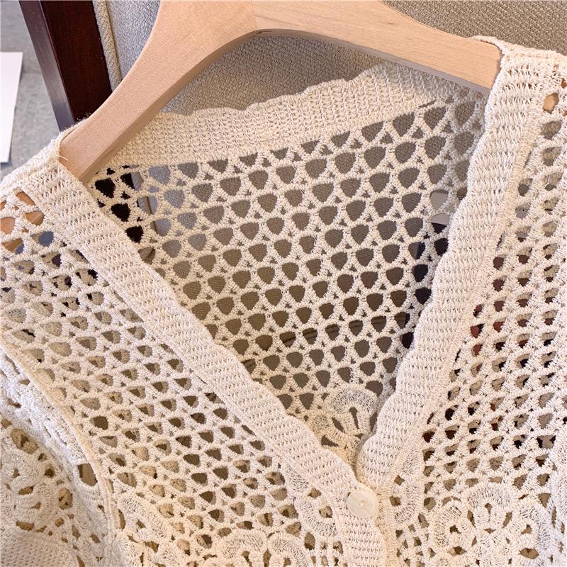 Women's French V-Neck Crochet Knit Cardigan - Chic Summer Fashion, Slimming Loose Fit, Versatile Top