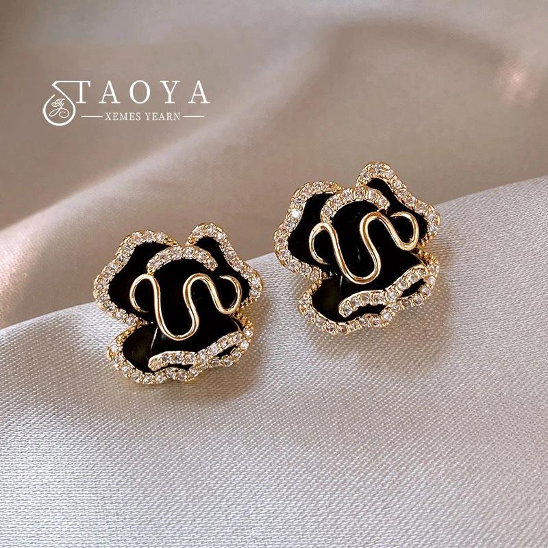 New Luxury Micro Set Zircon Black Camellia Flower Earrings for Womens Korean Fashion Jewelry Party Exquisite Accessories