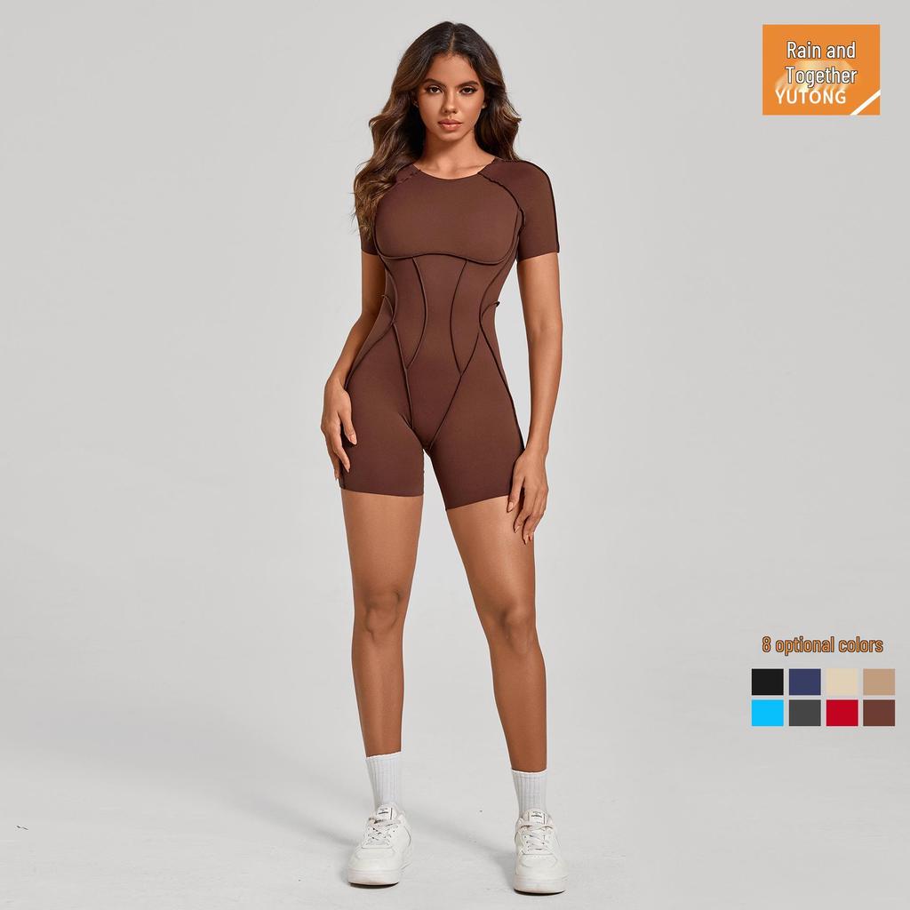 Europäischer & Amerikanischer 3D Ästhetischer Kurzarm Jumpsuit mit Offenem Rücken für Yoga und Fitness