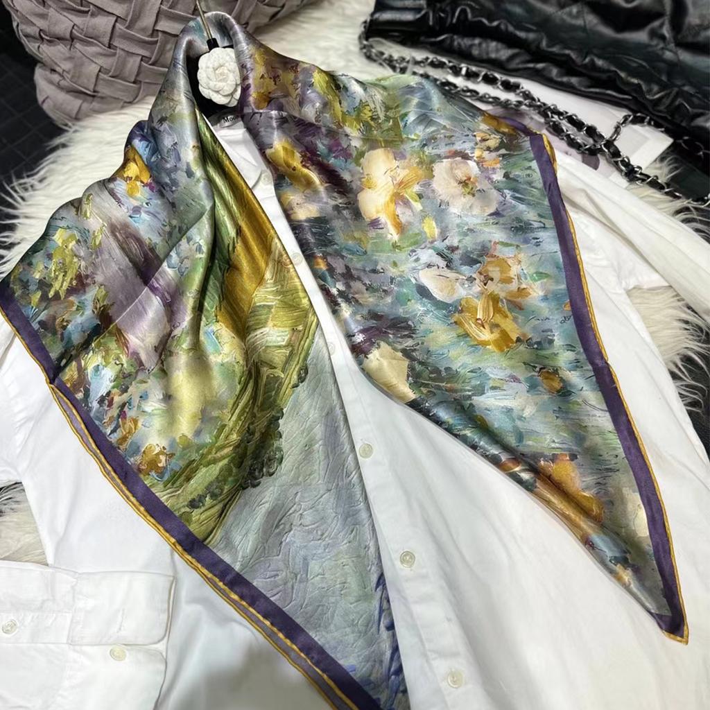 Bysifa|Blue Green Ladies 100% Silk Scarf Fall Winter Oil Painting Floral Style Large Scarves Shawls Fashion Summer Beach Cape