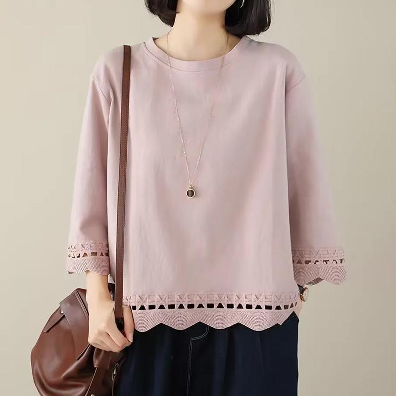 Pullovers Women Three-quarter Sleeves Autumn Winter Cotton Blouse Oversized Comfortable Stretch Solid Color Round Neck Loose Tops