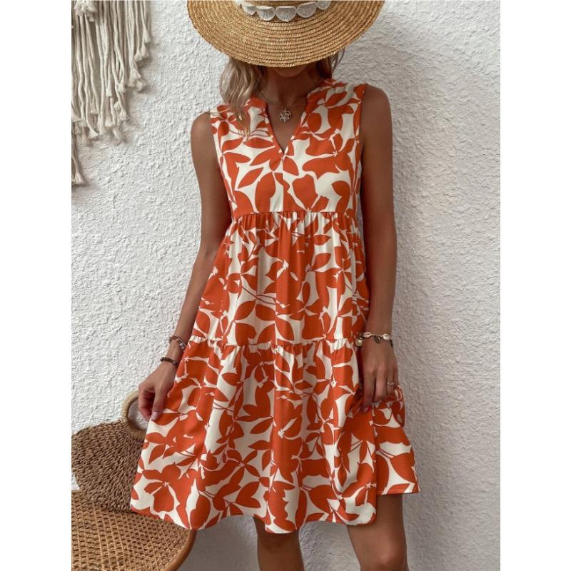 Elegant Sleeveless V Neck Floral Print Boho Mini Dress Summer Ruffle A Line Party Tank Dress Large Size Women Casual Loose Oversize Beach Sundress