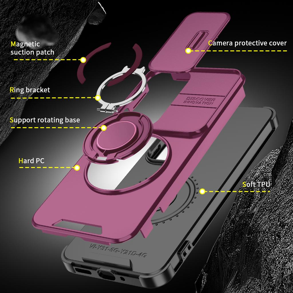 Magnetic Metal Ring Stand Armor Case For VIVO Y31 5G Y21d Slide Push Window Lens Protection TPU Frame Hard Plastic Phone Cover