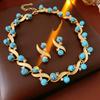 Fashion Turquoise Necklace Versatile Retro Collarbone Chain Light Luxury Earrings   Silver Needle Set Women's Accessories