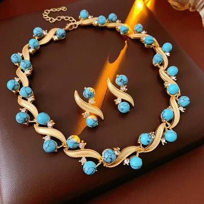 Collana Turchese alla Moda Catena per Clavicola Retro Versatile Orecchini Leggermente Lussuosi Set con Ago d'Argento Accessori da Donna