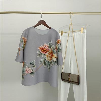 Blouse Peony Print Pleated Clothing Women Summer New Fashion Chinese Wind O Neck Loose Large Size Striper Blouse Clothing