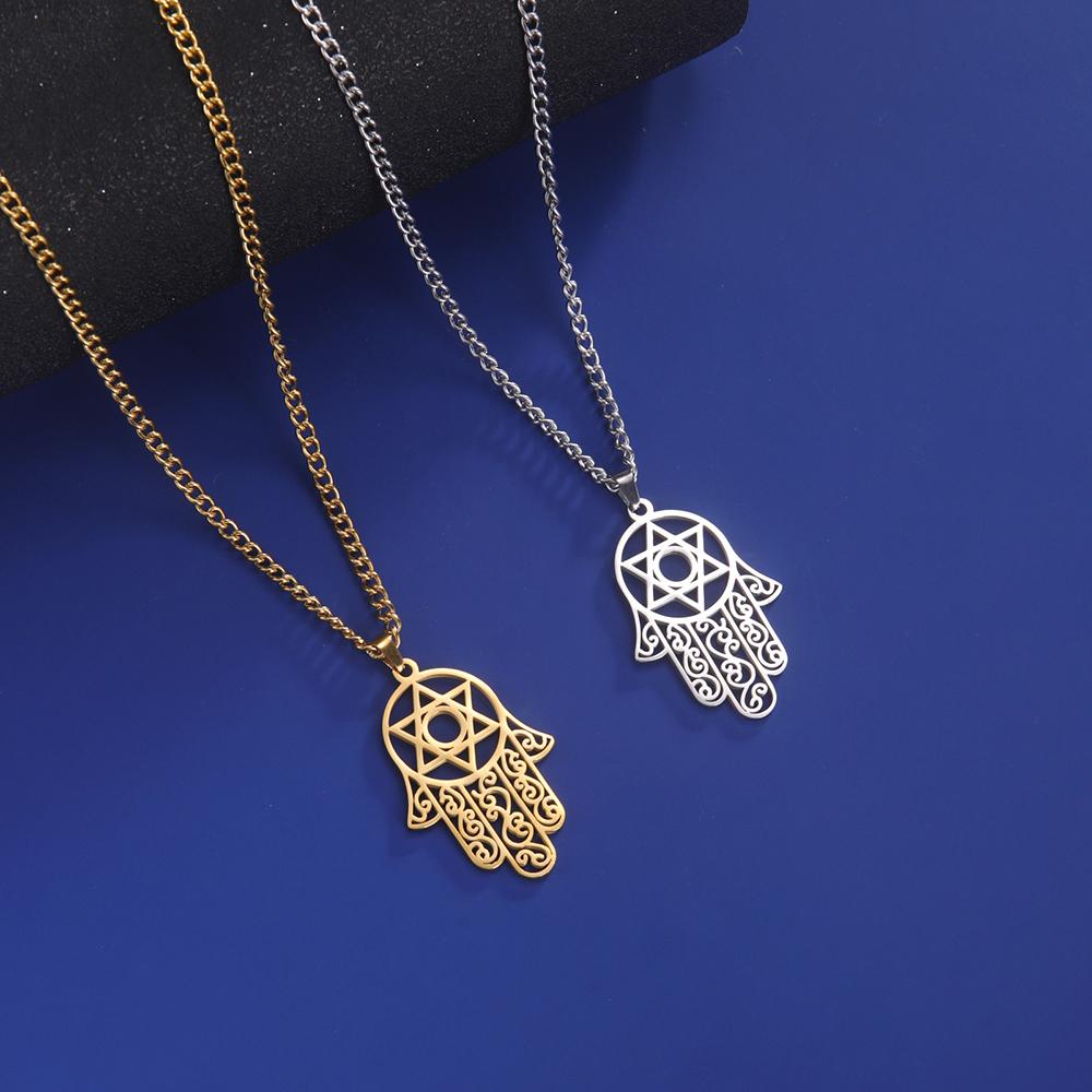 Dawapara  Vintage Filigree Hamsa Hand of Fatima Star of David Hexagram Necklace Good Luck Success Amulet Jewelry Stainless Steel
