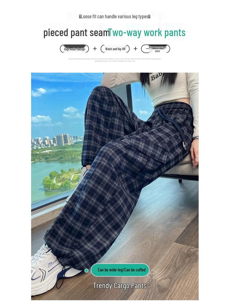 2026 Autumn Women's Retro Plaid High Waist Wide Leg Pants - Two-Way Casual & Sporty Wear