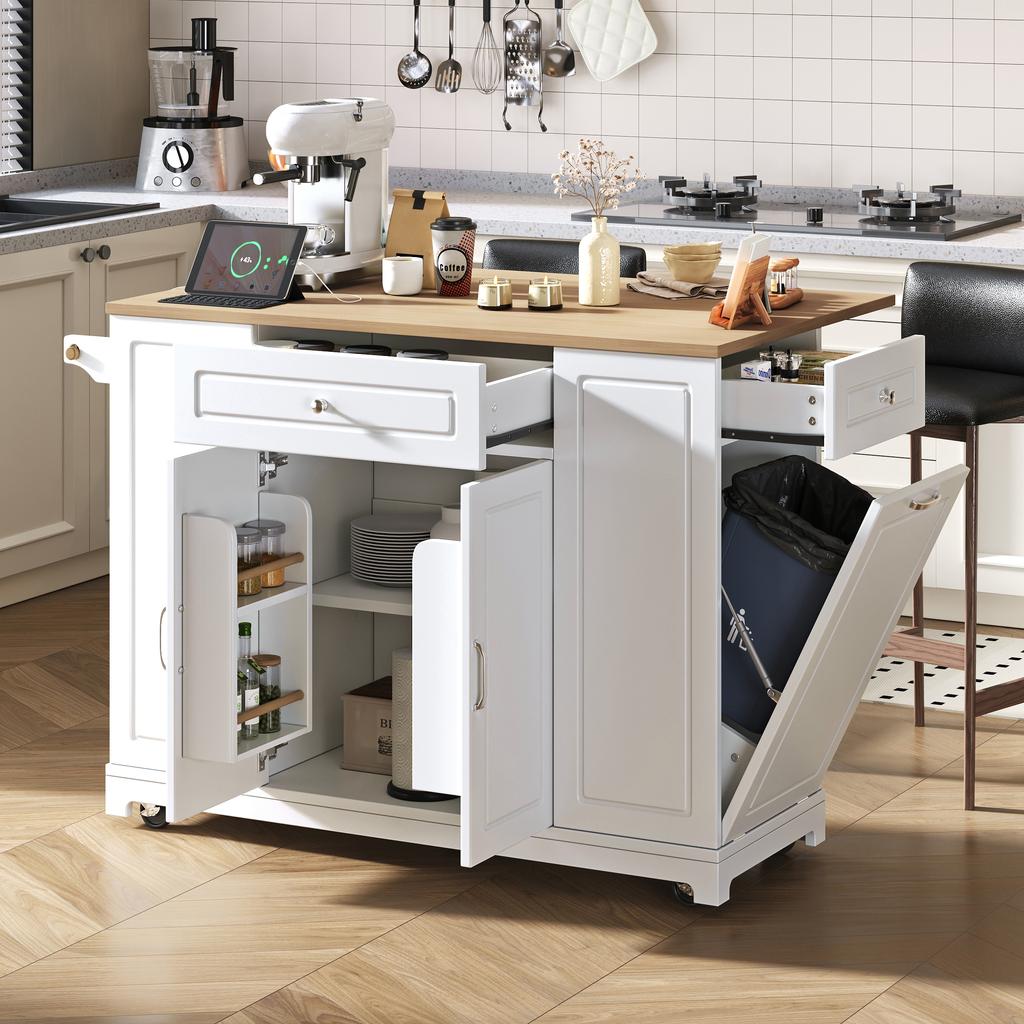 Kitchen island with casters, extendable dining area with multifunctional drawers and waste bin compartment, ideal for kitchen and dining room (white)
