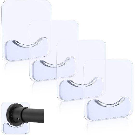 Adhesive Shower Curtain Rod Holder, 4 Pcs Tension Rod Holders, No Drilling | Invisible Rod Retainer, Transparent Wall Mount Holder for Shower Curtain