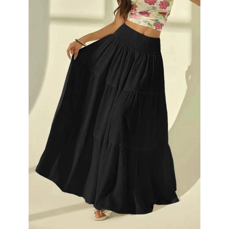 Women's Fashionable Layered Long Skirt Casual Solid Color Elastic Waist Women Half Skirt Holiday Date Vacation