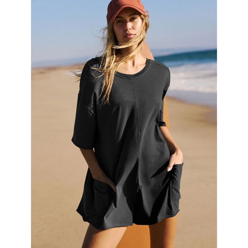 Casual Jumpsuit2024 European American Summer New Women's Clothing Loose Casual Short Sleeve V Neck Open Back Jumpsuit