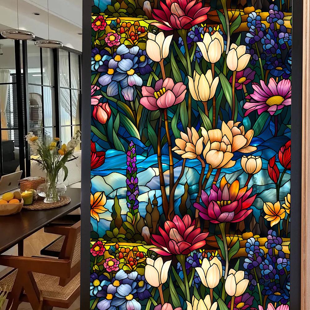 Colorful Retro Floral & Bird Static Cling Window Film - No Glue, Removable