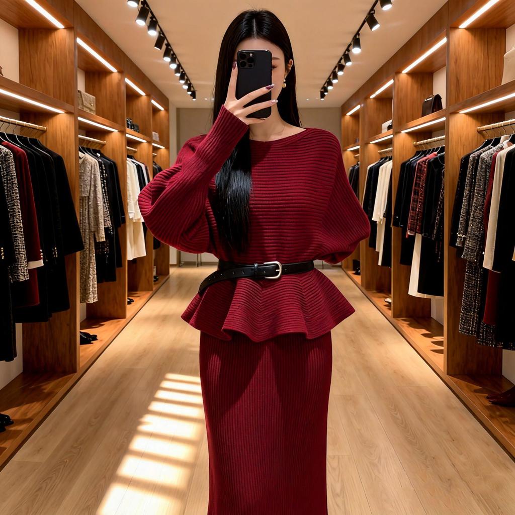 Elegantes rotes Strickset für das neue Jahr: Zweiteiler Pullover & Rock für Herbst/Winter mit figurschmeichelndem Design