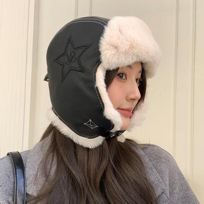 Lei Feng Hat for Women In Winter Warm PU Leather Plush Hat Northeast Outdoor Cold Proof Flying Hat Ear Protection Head Hat Men