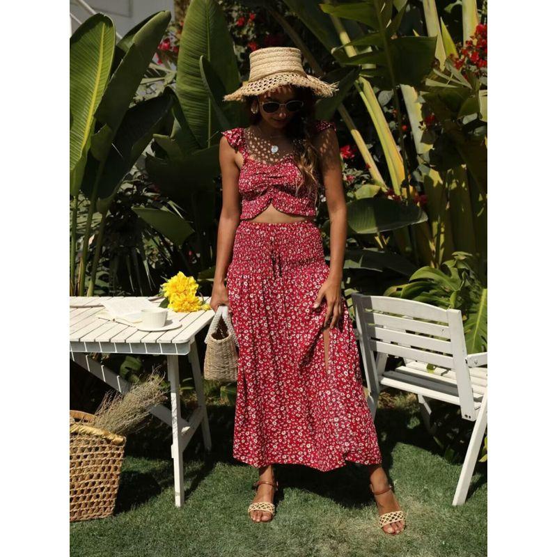 Romantic Flower Sea French style High-Grade Sense Retro Floral Slimming Sling Top + Skirt Seaside Holiday Style Set