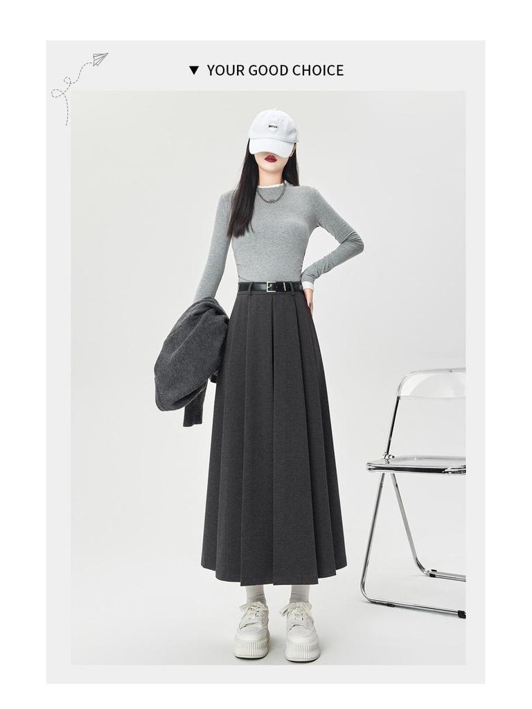 High-Waisted Coffee Wool Skirt for Women, Autumn-Winter Style, Pleated A-Line, Petite Fit, Mid-Length, Perfect Drape