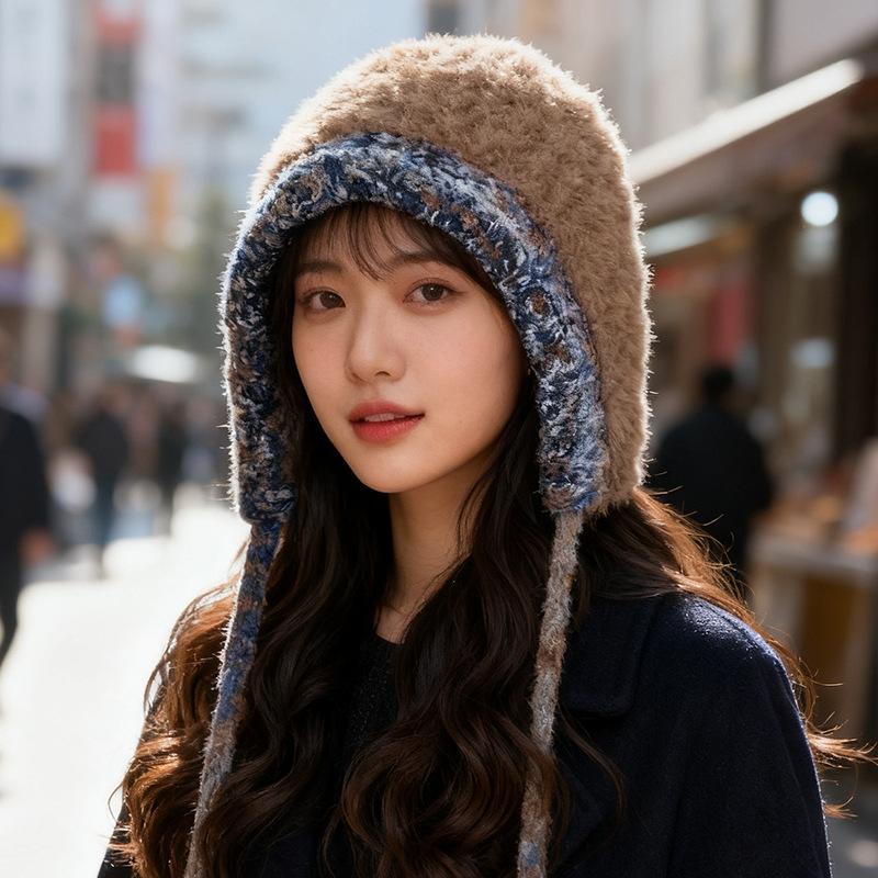 New Women'S Beige Gradient Color Knit Fur Hat Winter Warm Fashion Earflap Beanie With Lace-Up String For Ladies Sweet Casual