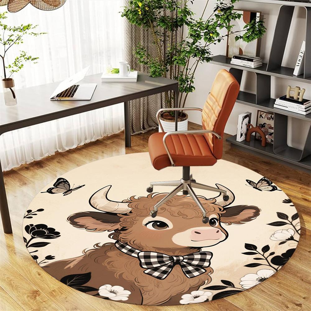 1PC Cow Bowtie Flowers Round Chair mat Area Rug - Non-Slip, Floor Mat for Office, Bedroom, home decor Christmas Gift c0528044