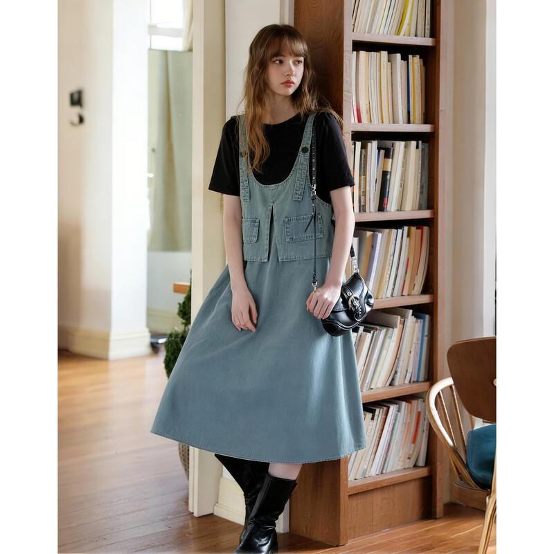 Women s Faux Two-Piece Denim Patchwork Knit Midi Dress XL