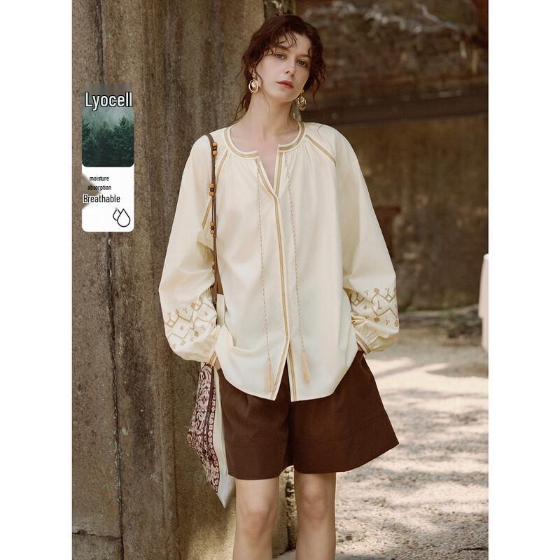 ELLE Retro Color-Block Long-Sleeve Tencel Shirt XL