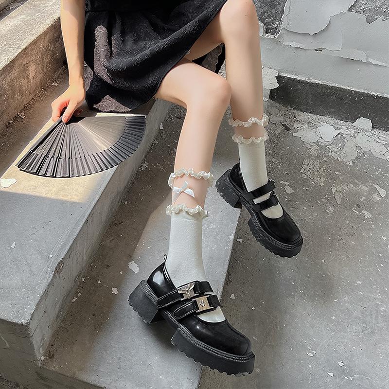 Lace-Trimmed Black Bow Lolita Mid-Calf Slouch Socks