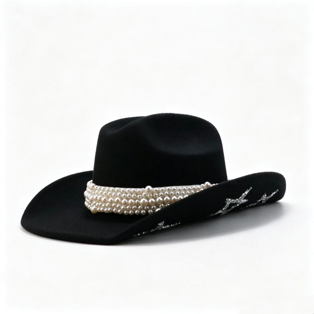 European and American Pearl Retro Woolen Top Hat Fashion Western Cowboy Hat Autumn and Winter British Jazz Hat